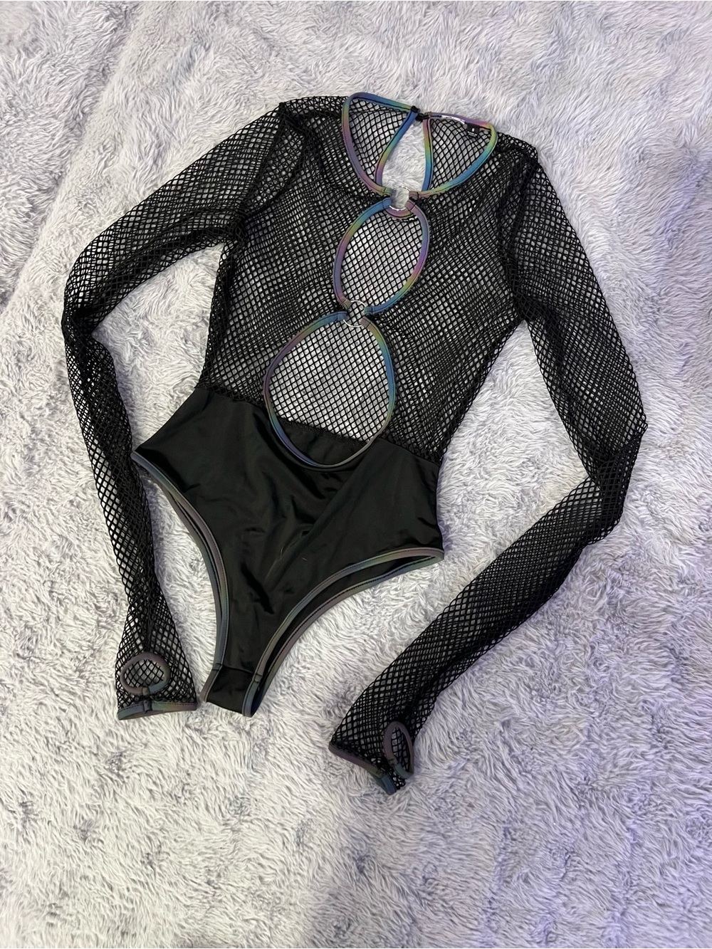 iHeartRaves Black Fishnet Rainbow Reflective Bodysuit Rave Music Festival